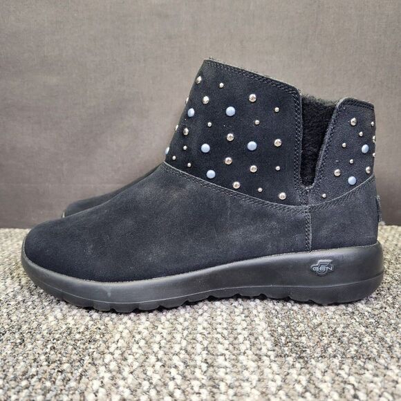 Skechers On The Go Joy Womens Size 9 Black Suede Studded Ankle Booties Boots - Picture 3 of 9